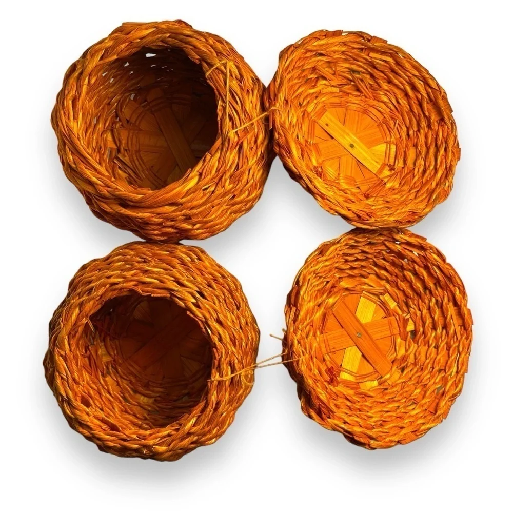 Lot Of 2 Wicker Halloween/Thanksgiving Orange Pumpkin Baskets with Lids 5”